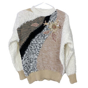 Vintage 80s Needles & Yarn Art To Wear Beads Nubby Goldbergs Sweater Womens Sm